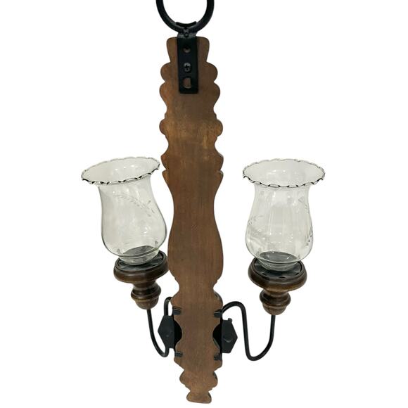 Vintage Homco Wood Candelabra Sconce Etched Glass Scalloped Votive Candle Cups - Picture 2 of 6